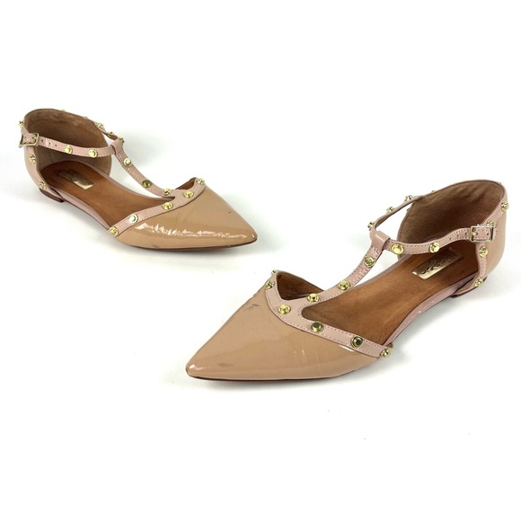 Halogen Olsen Pointy Toe Beige Patent Leather Studded T-Strap Flats - Picture 2 of 8